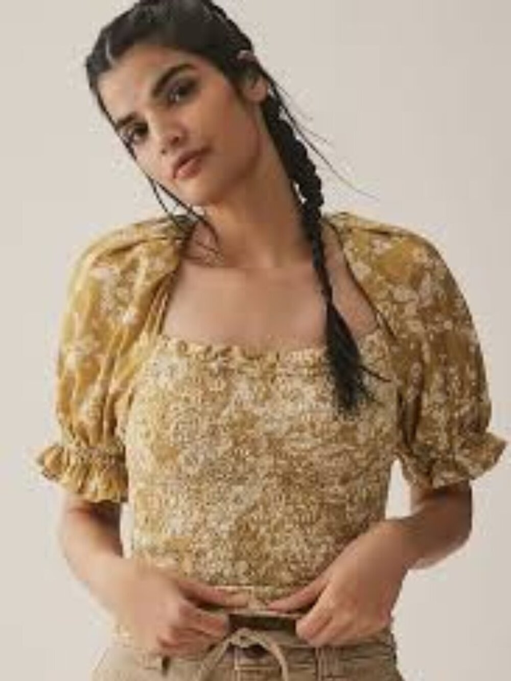 By Anthropologie Seersucker Smocked Puff-Sleeve Crop Top, Size XXS